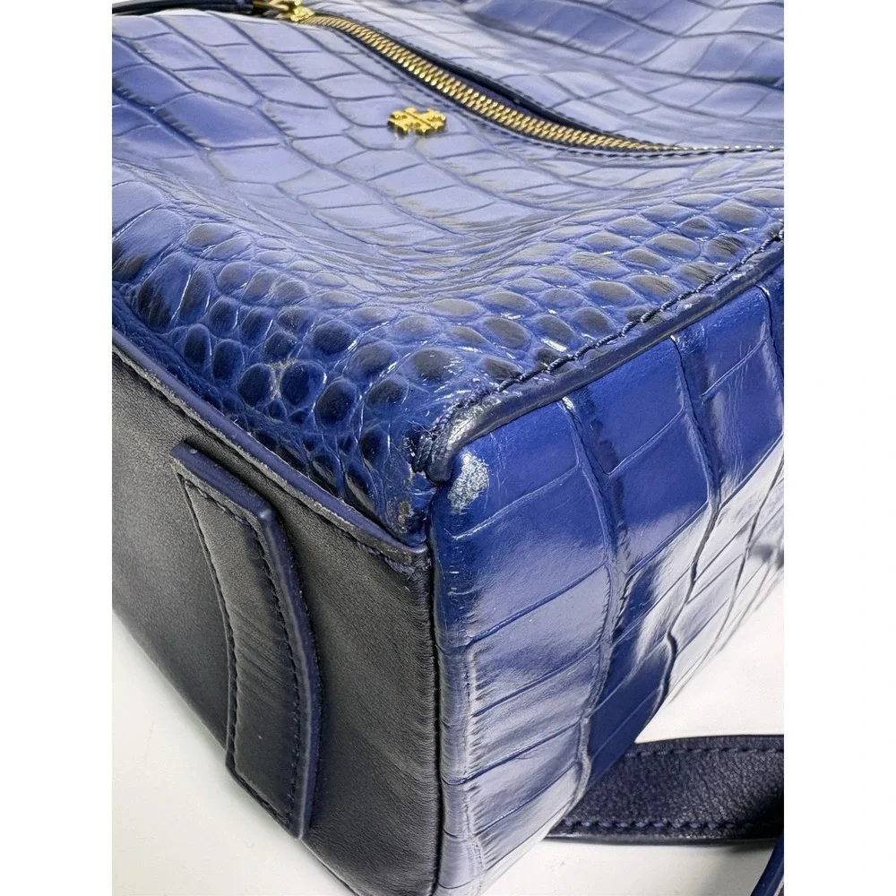 Tory Burch Navy Blue Croc Embossed Leather Backpack City Shoulder Bag Old Money